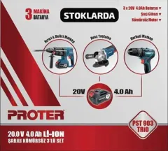 Proter PST 903 TRİO Akülü Kırıcı Delici Matkap + Avuç Taşlama + Darbeli Matkap 3 lü Set