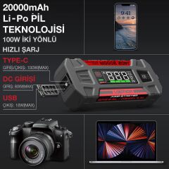 Lokithor J402 Akıllı Akü Takviye + Powerbank + Led Lamba 12V 3000Amp Li-Polimer