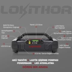 LOKITHOR JA301 Akıllı Akü Takviye + Pompa + Powerbank + Led Lamba 12V 2000Amp Li-Polimer